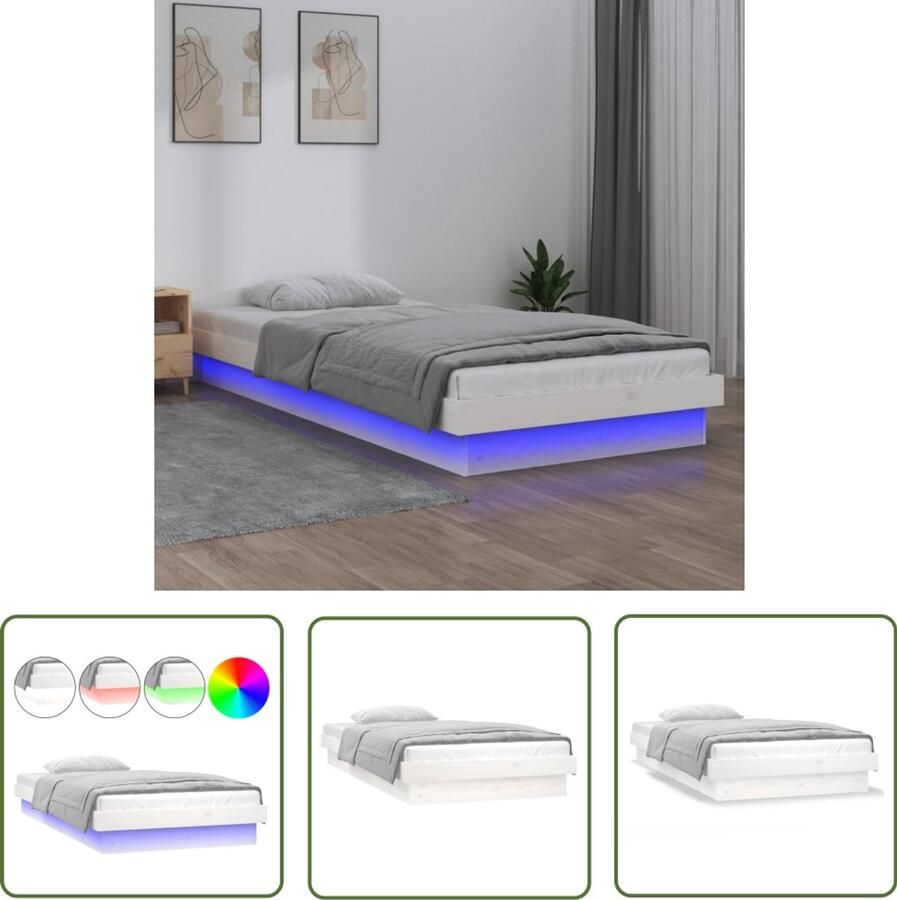 VidaXL Bedframe LED Massief Grenenhout Wit 90x190 cm Led Bed Led Lamp Houten Bed Enkel Bed Bedframe Kinderbed Slaapkamers