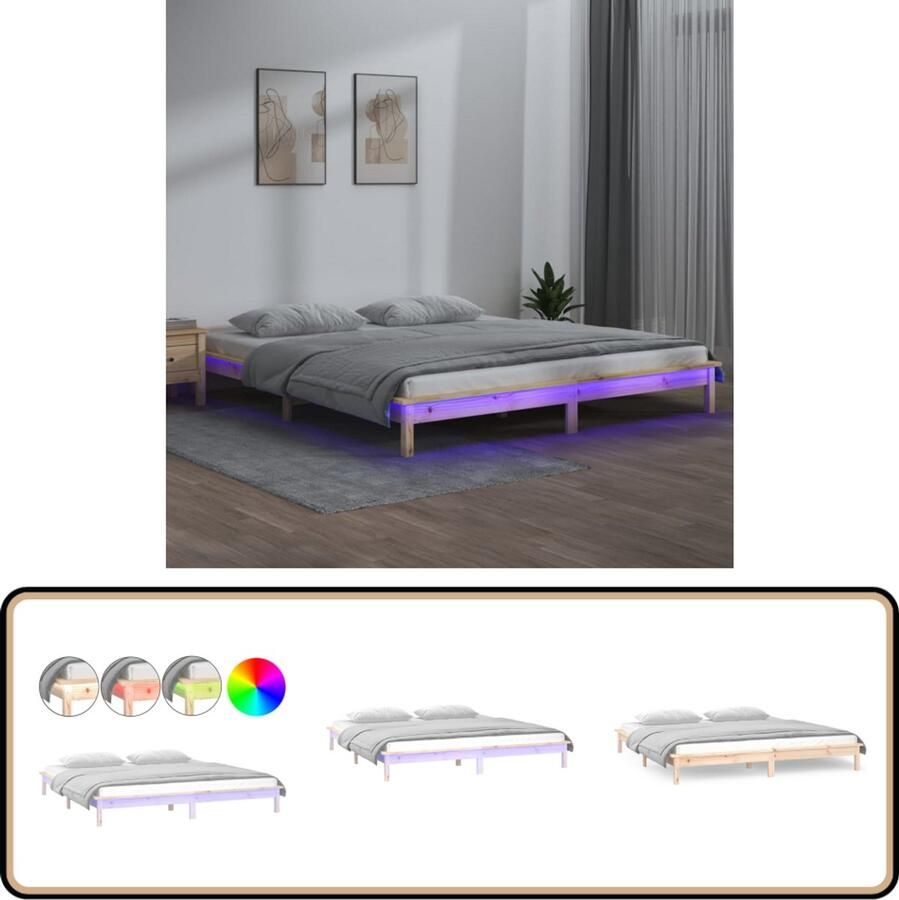 VidaXL Bedframe Massief Grenenhout 135x190 cm RGB LED Houten Bedframe LED Verlichting Grenenhout Tweepersoon Bed Bedframe 135x190