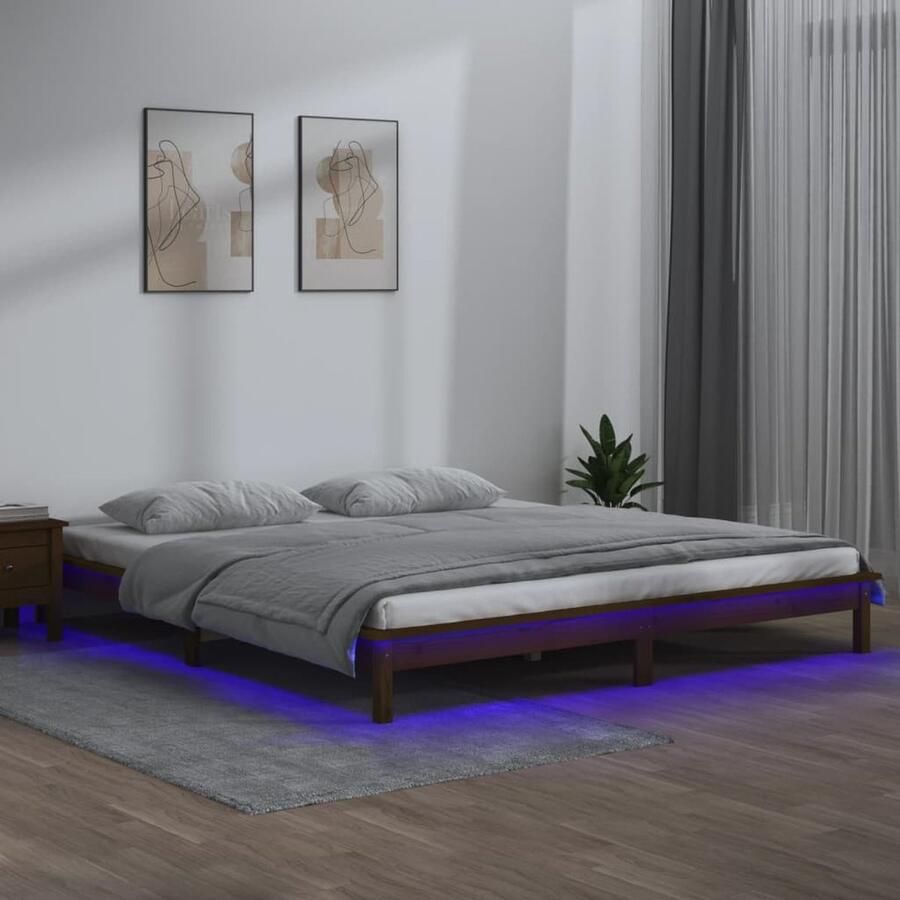 VidaXL Bedframe LED Massief Hout 140x190 cm Houten Bedframe Led Verlichting Grenenhout Bedframe Honigbruin Bedframe Tweepersoons Bed King Size Bed - Foto 2