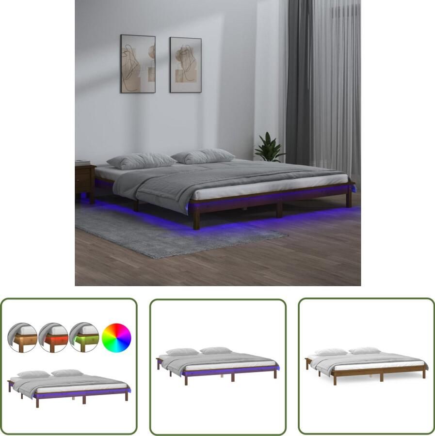 VidaXL Bedframe LED Massief Hout 140x200 cm Honingbruin Houten Bedframe Led Verlichting Honingbruin Tweepersoons Bed Grenenhout Massief Hout Stapelbaar