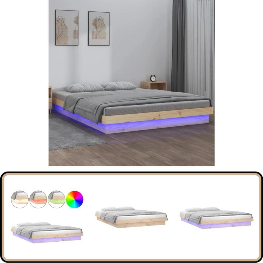 VidaXL Bedframe LED Massief Hout 150x200 cm Klassieke Bedframe Grenenhouten Bed Led Lampen Hoofdbord King Size Bed Tweepersoonsbed Bedroom Decor