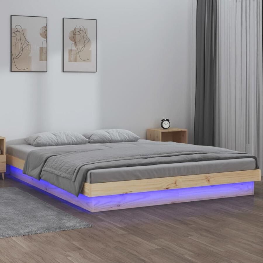 VidaXL Bedframe LED Massief Hout 200x200cm Massief Houten Bedframe Led Verlichting Bed Frame Bedroom Furniture Hoofdbord Tweepersoonsbed Granenhout