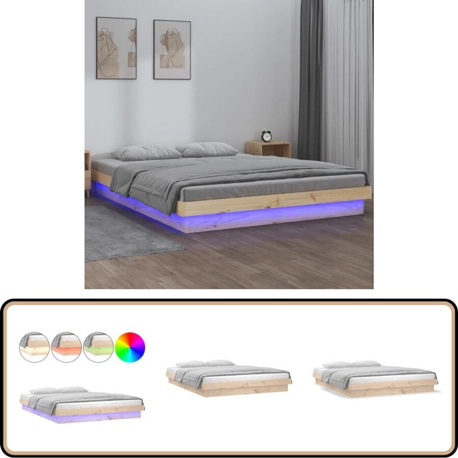 VidaXL Bedframe LED Massief Hout 200x200cm Massief Houten Bedframe Led Verlichting Bed Frame Bedroom Furniture Hoofdbord Tweepersoonsbed Granenhout - Foto 2