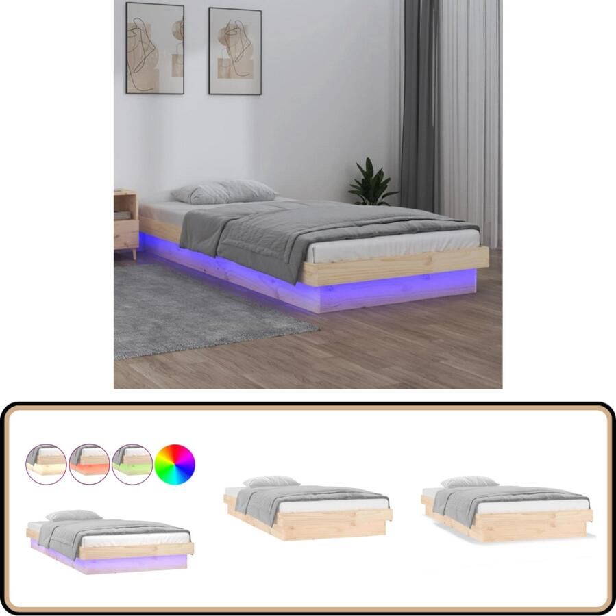 VidaXL Bedframe LED massief hout 75x190 cm Led Bed Houten Bed Enkelbed Grenenhouten Bed Bedframe