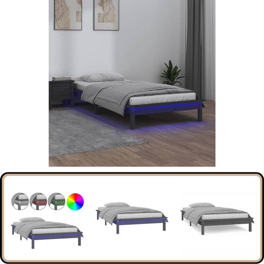 VidaXL Bedframe LED Massief Hout 90x190 cm Grijs Houten Bedframe Led Verlichting Enkel Bed Grijze Bedbank Massief Hout Bed