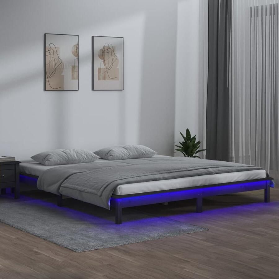 VidaXL Bedframe LED Massief hout Grijs 140x190 cm Houten Bedframe Led Verlichting Slaapkamers Bed Grieze Bedframe Tweepersoonsbed Groot Bed Modern Bed Minimalistisch Bed - Foto 2