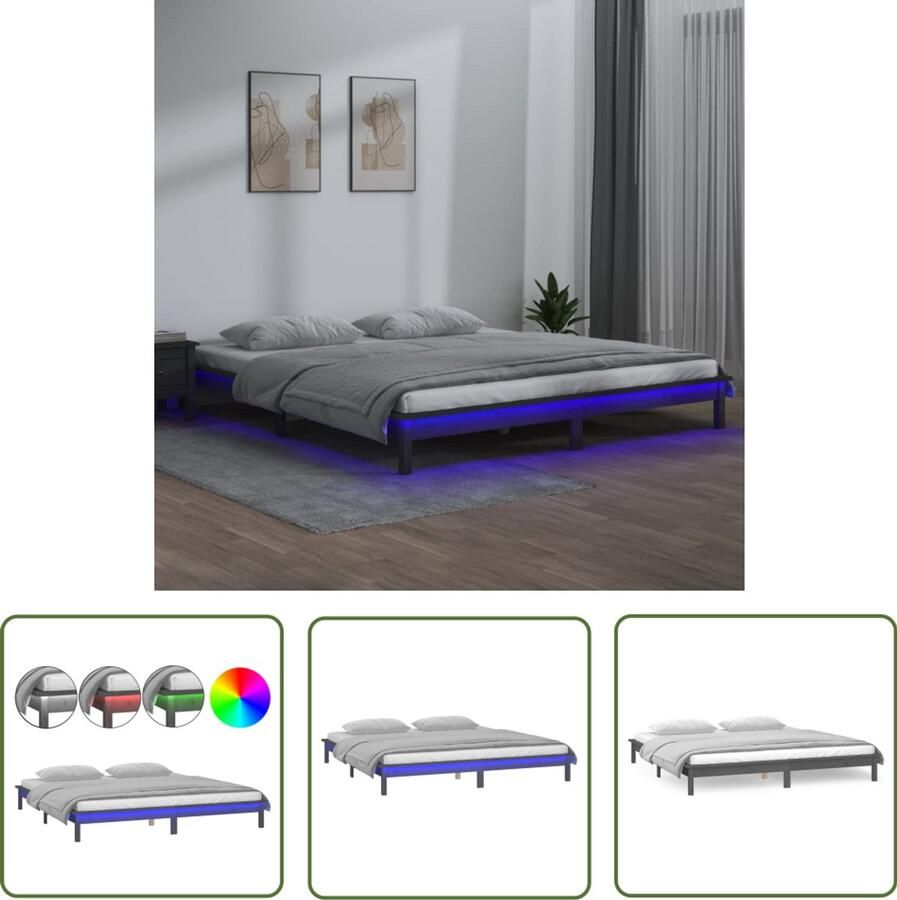 VidaXL Bedframe LED Massief hout Grijs 140x190 cm Houten Bedframe Led Verlichting Slaapkamers Bed Grieze Bedframe Tweepersoonsbed Groot Bed Modern Bed Minimalistisch Bed