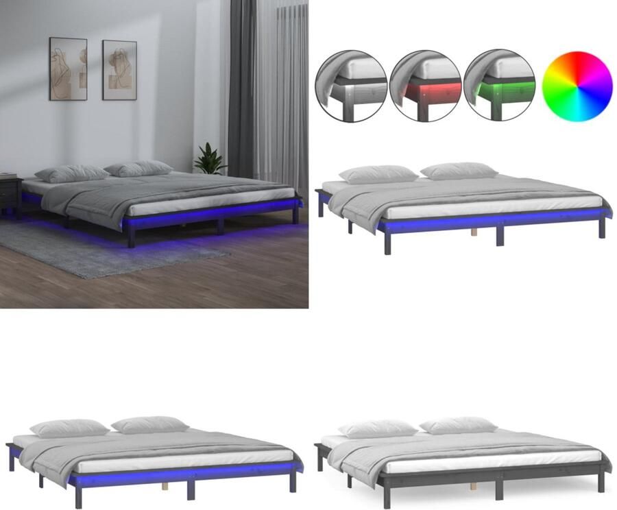VidaXL Bedframe LED massief hout grijs 200x200 cm Bedframe Bedframes Slaapkamermeubel Bedbasis