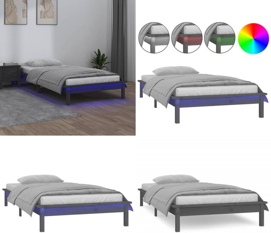 VidaXL Bedframe LED massief hout grijs 90x190 cm Bedframe Bedframes Slaapkamermeubel Bedbasis