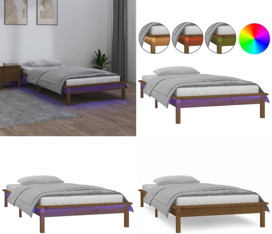 VidaXL Bedframe LED massief hout honingbruin 100x200 cm Bedframe Bedframes Slaapkamermeubel Bedbasis