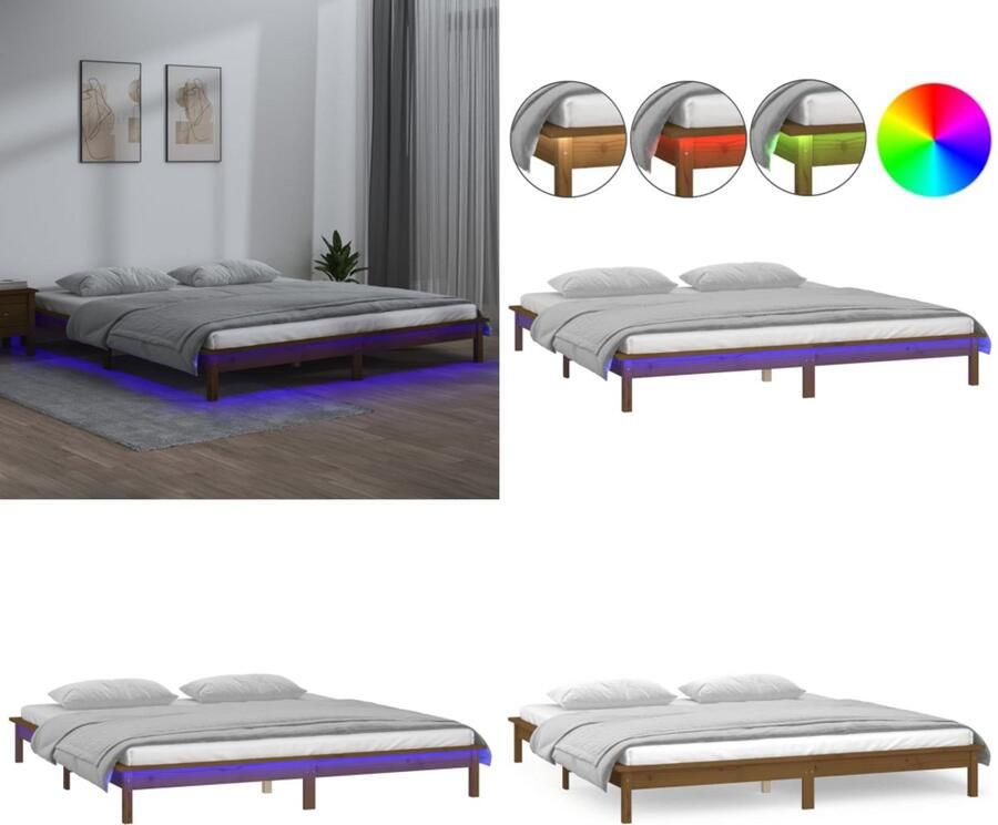 VidaXL Bedframe LED massief hout honingbruin 140x200 cm Bedframe Bedframes Slaapkamermeubel Bedbasis