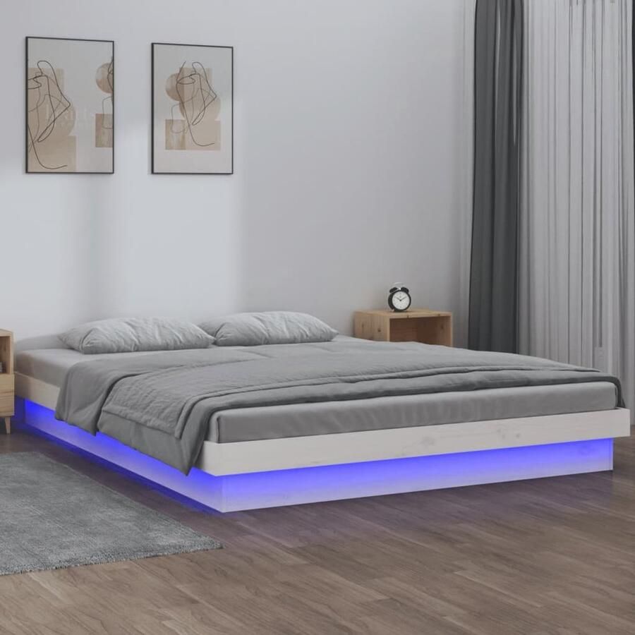 VidaXL Bedframe LED massief hout wit 120x190 cm Klassieke Bedframe Led Verlichting Grenenhout Bedframe Tweepersoonsbed Wit Bedframe Slaapkamers - Foto 2