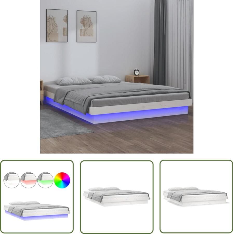 VidaXL Bedframe LED massief hout wit 120x190 cm Klassieke Bedframe Led Verlichting Grenenhout Bedframe Tweepersoonsbed Wit Bedframe Slaapkamers