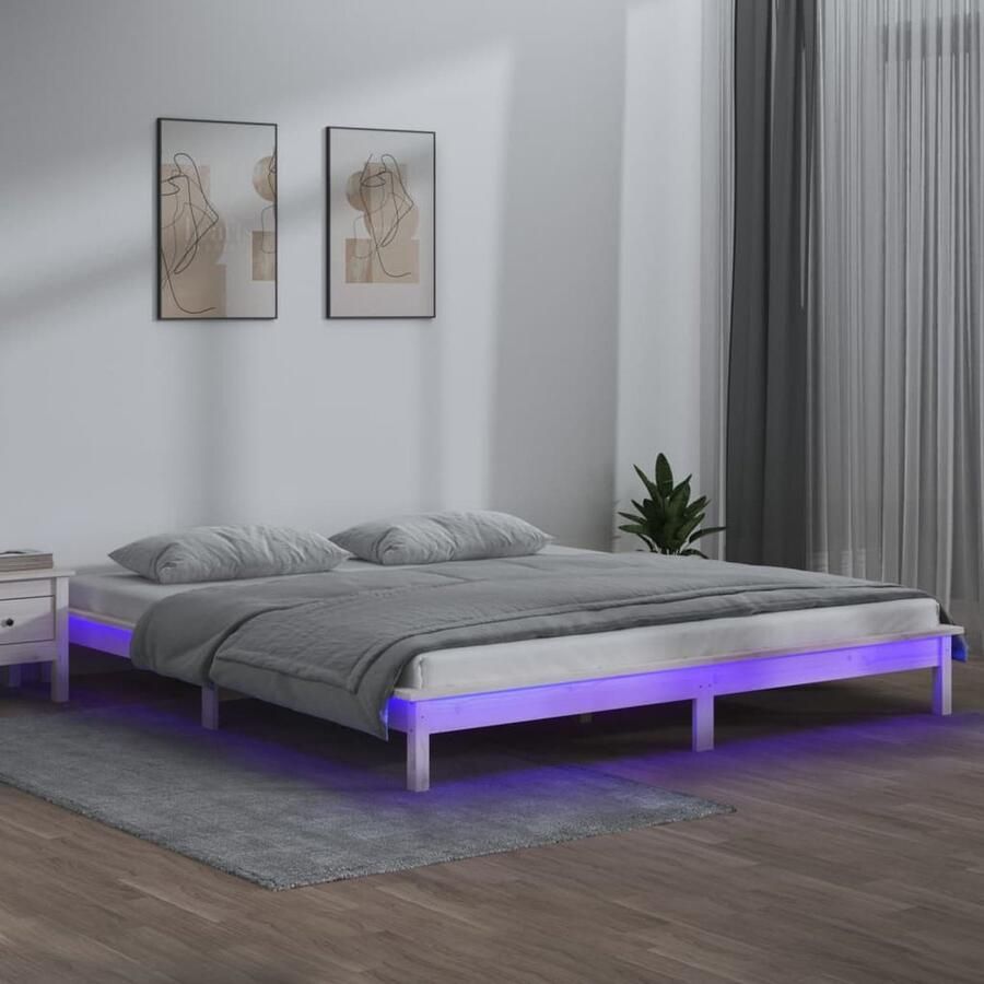 VidaXL Bedframe Hout LED Wit 135x190 cm Houten Bedframe Led Verlichting Massief Hout Grenenhout King Size Bed Tweepersoonsbed Bedroom Furniture - Foto 2