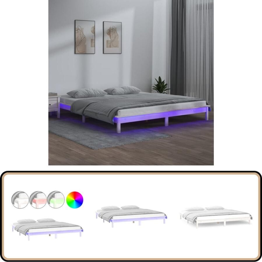 VidaXL Bedframe LED Massief hout Wit 140x190 cm Houten Bedframe Led Verlichting Massief Grenenhout Enkelpersoonlig Bed Witte Bedframe
