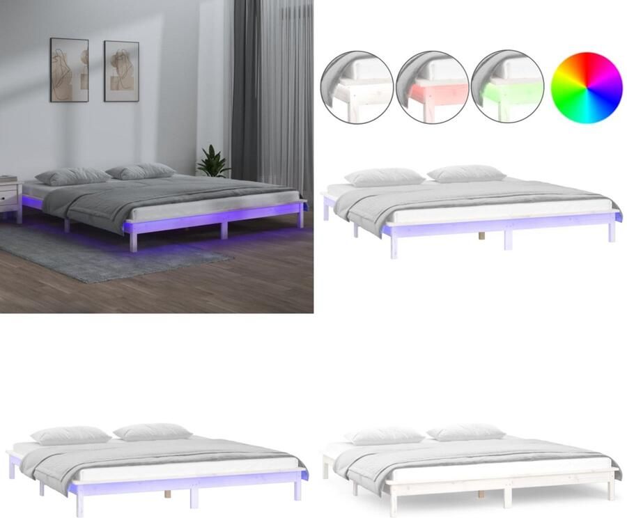 VidaXL Bedframe LED massief hout wit 180x200 cm Bedframe Bedframes Slaapkamermeubel Bedbasis