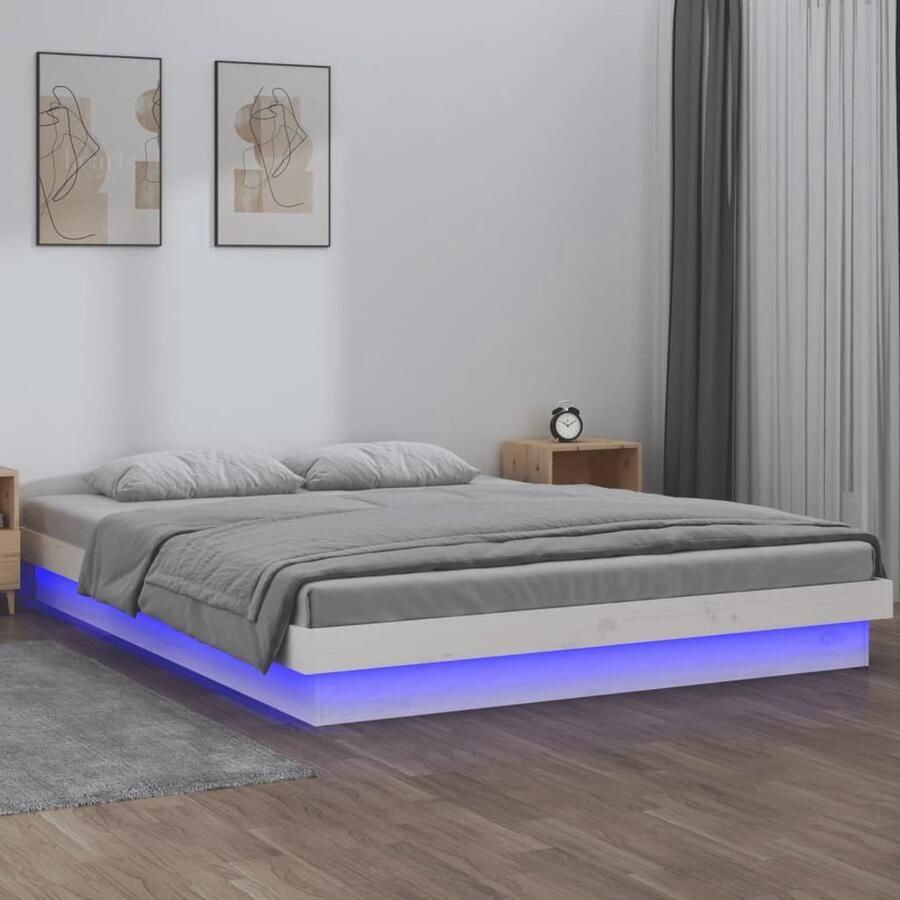 VidaXL Bedframe LED massief hout wit 200x200 cm Slaapkamers Bedframe Led Verlichting Tweepersoonsbed Grenenhouten Bed Witte Bed Design Bed - Foto 2