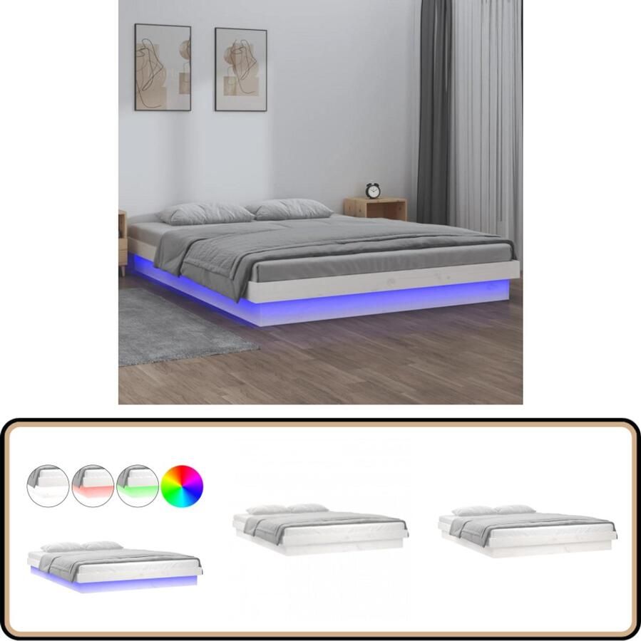 VidaXL Bedframe LED massief hout wit 200x200 cm Slaapkamers Bedframe Led Verlichting Tweepersoonsbed Grenenhouten Bed Witte Bed Design Bed