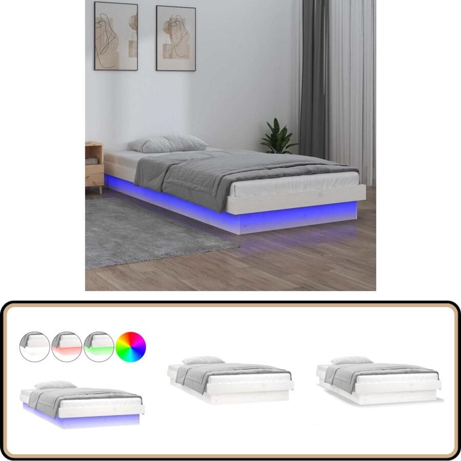 VidaXL Bedframe LED Massief hout Wit 75x190 cm Klassieke Bed Led Verlichting Houten Bed Enkel Bed Klein Tweepersoonsbed Slaapkamers