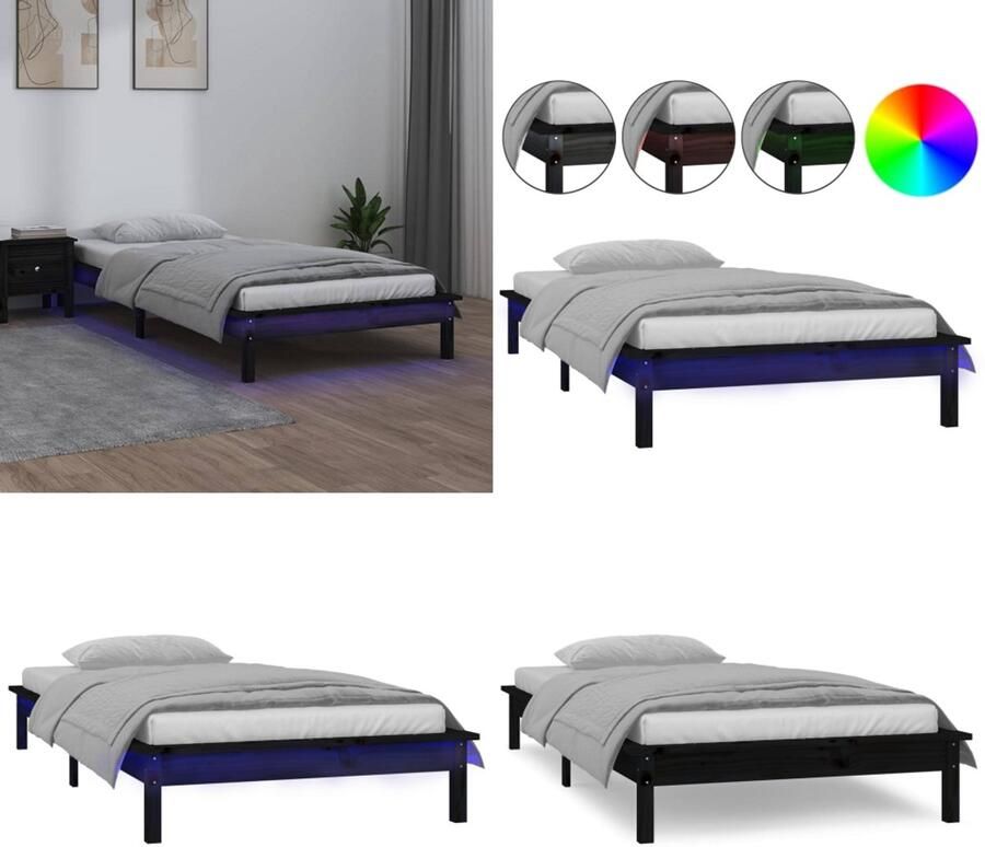 VidaXL Bedframe LED massief hout zwart 100x200 cm Bedframe Bedframes Slaapkamermeubel Bedbasis