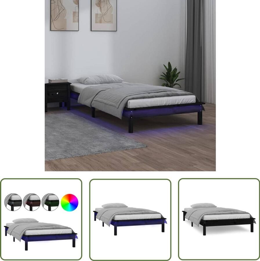 VidaXL Bedframe LED Massief Hout Zwart 100x200 cm Houten Bedframe Led Verlichting Tweepersoons Bed Massief Grenenhout Zwarte Bedframe Slaapkamers