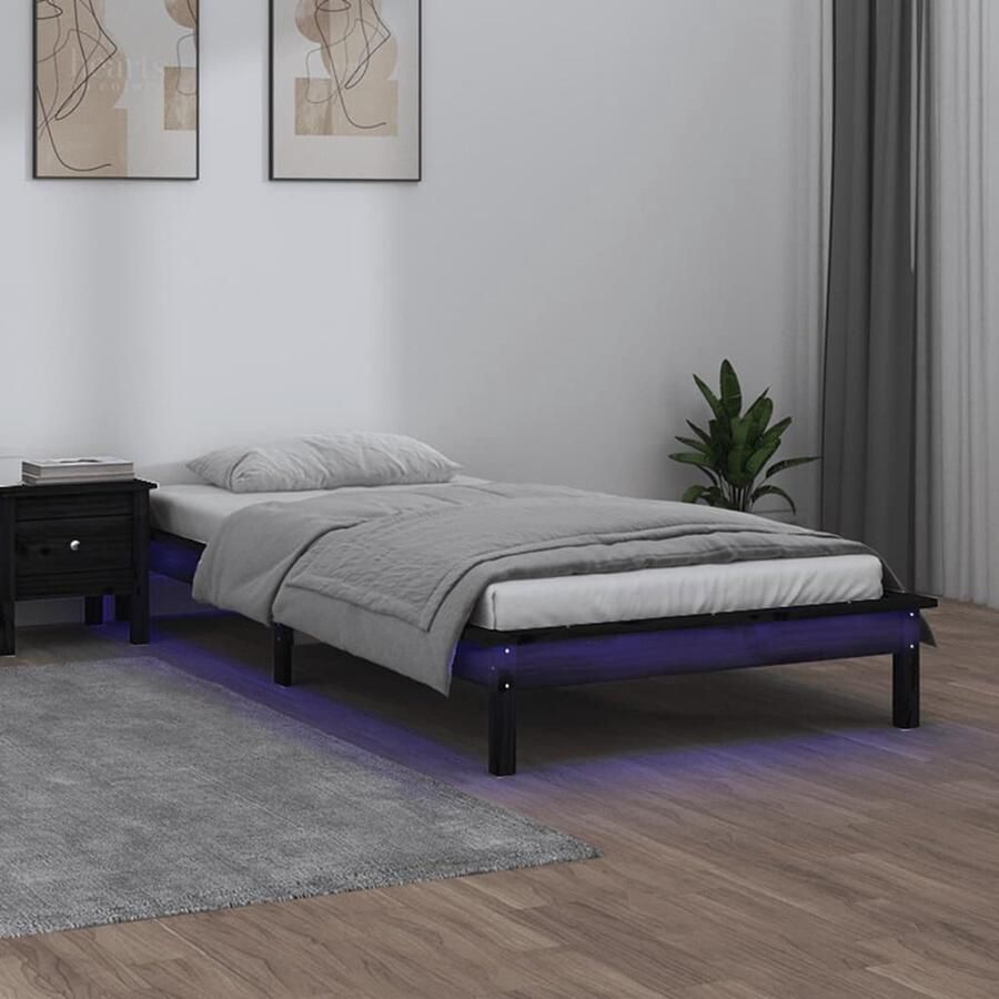 VidaXL Bedframe LED massief hout Zwart 75x190 cm Houten Bedframe Led Verlichting Enkel Bed Klein Tweepersoonsbed Slaapkamers Zwarte Bedframe - Foto 2
