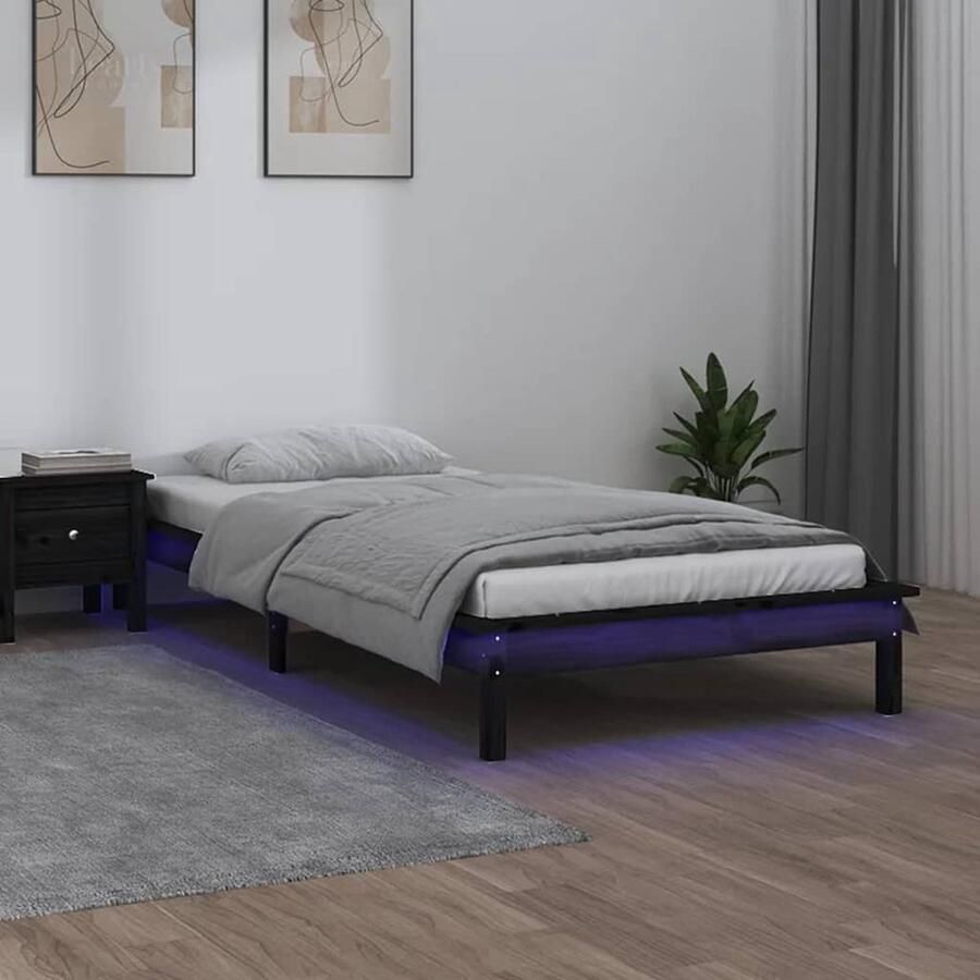 VidaXL Bedframe LED Massief hout Zwart 90x190 cm Houten Bedframe Led Verlichting Enkel Bed Zwarte Bedframe Massief Grenenhout Stapelbaar Bed - Foto 2