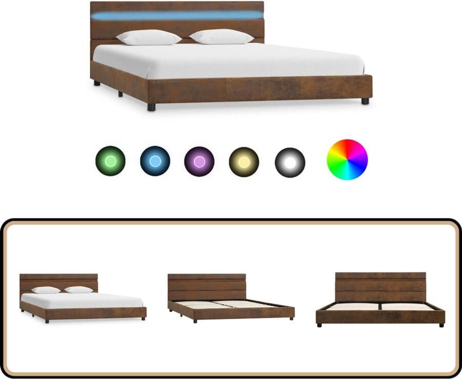 VidaXL Bedframe LED Stof Bruin 140x200 cm Modern Bedframe Bruine Bedbank Lederlook Bed Boxspring Bed Led Verlichting Bed