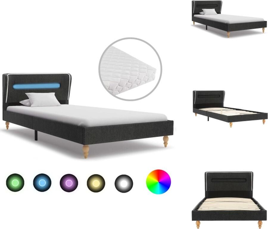 VidaXL Bedframe LED-strip donkergrijs houten frame MDF en jute hoofdeinde 207 x 95 x 74 cm 70 cm LED-strip 3.6 W 24-knops afstandsbediening wit matras 200 x 90 x 17 cm wasbare hoes 100% polyester Bed