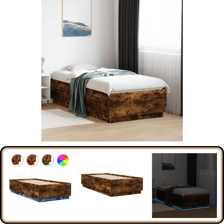 VidaXL Bedframe LED-verlichting bewerkt hout gerookt eiken 75x190 cm