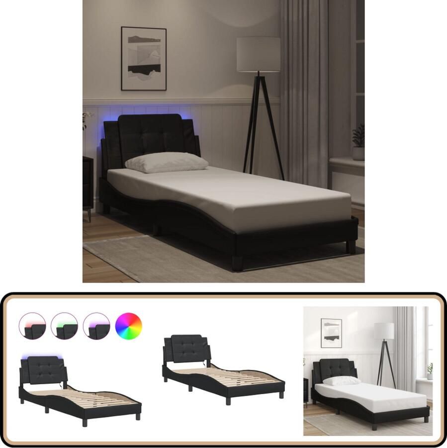 VidaXL Bedframe LED Verlichting Kunstleer Zwart Bed Frame Led Verlichting Kunstleder Tweepersoonsbed Zwarte Bedbank