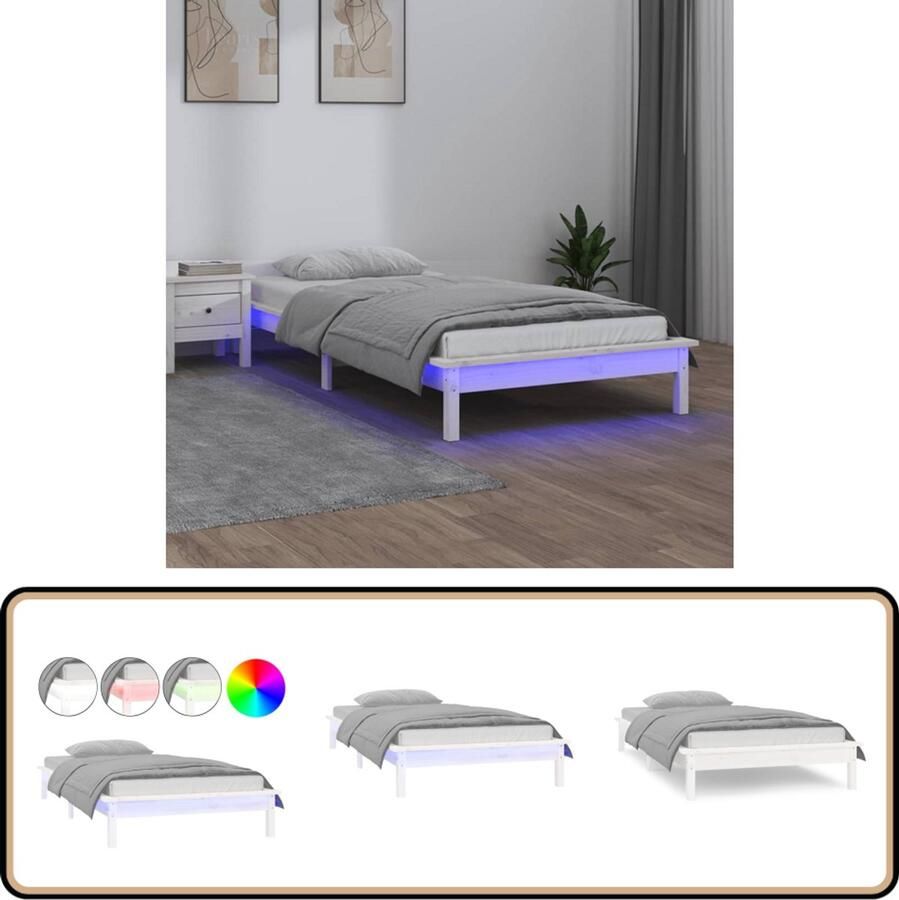 VidaXL Bedframe LED Wit Massief Hout 100x200 cm Bedframe Led Lamp Hout Bed Grenenhout Bed Wit Bed Slaapkamers Bedroom Furniture
