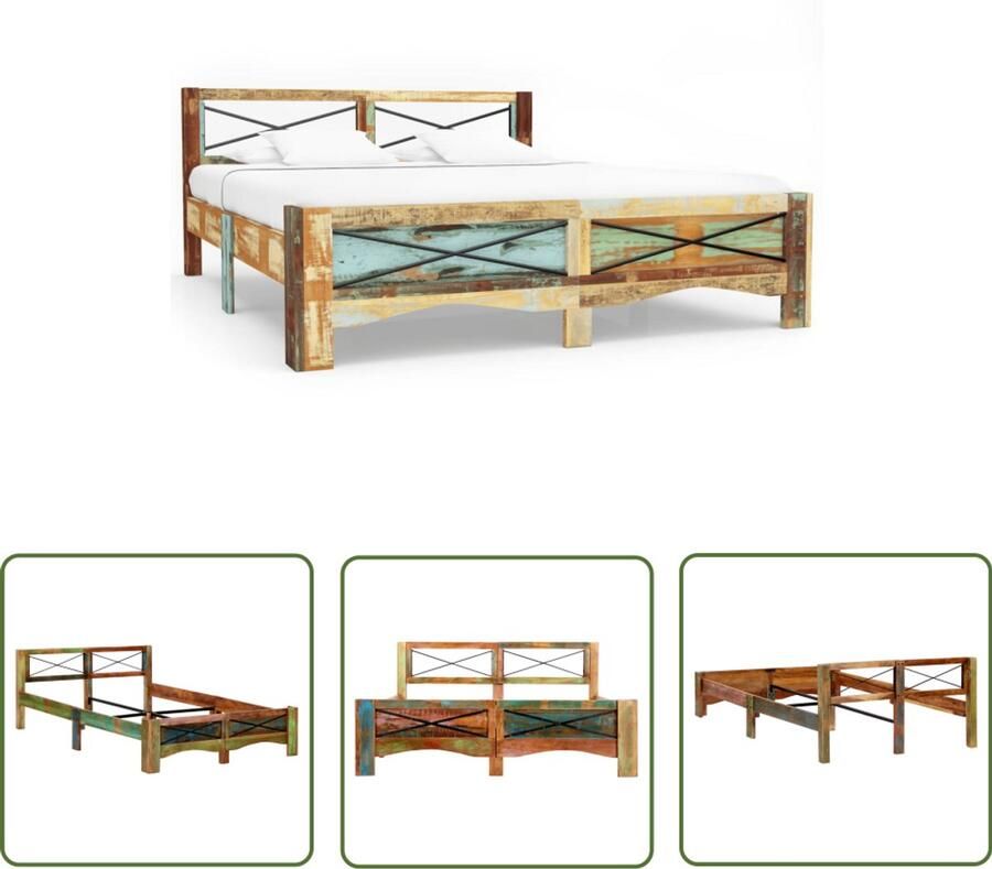 VidaXL Bedframe Massief Gerecycled Hout 140x200 cm Vintage Bed Frame Landelijk Bed Industrieel Bed Houten Bed Tweepersoons Bed Met Lattenbodem Unieke Meubels Handgemaakt Bed Eco Friendly Furniture