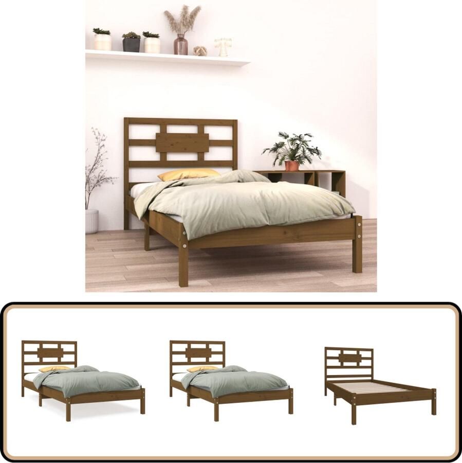 VidaXL Bedframe Massief Grenen 100x200 cm Honingbruin Houten Bedframe Grenenhout Bed Massief Hout Bed Tweepersoons Bed Honigbruin Bed Met Hoofdbord