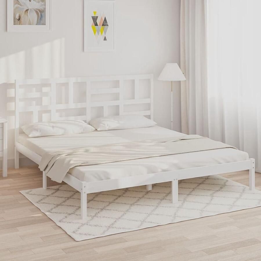 VidaXL Bedframe Massief Grenen Hout Wit 200x200 cm Houten Bedframe Tweepersoons Bed Modern Bed Wit Bedframe Met Hoofdeinde Stapelbare Bedbodems - Foto 2