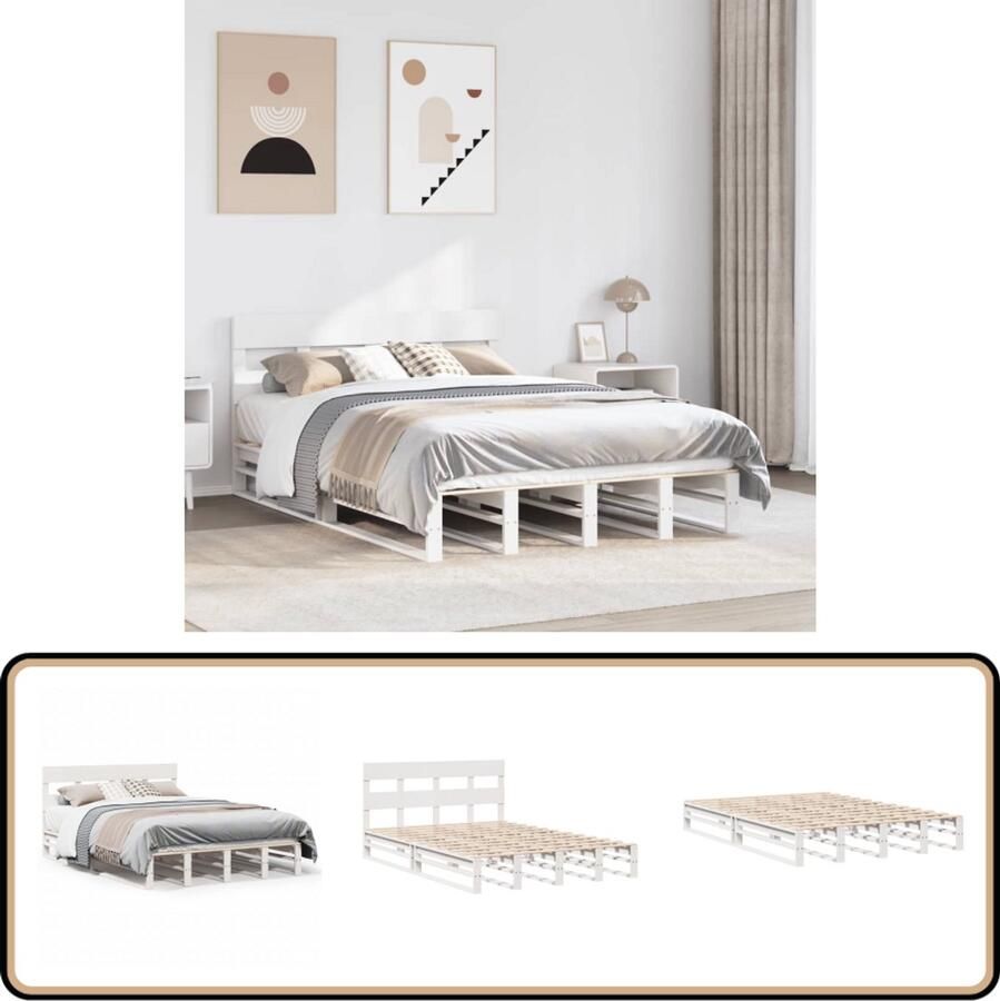 VidaXL Bedframe Massief Grenen Wit 140x190 cm Bed Frame Houten Bed Enkel Bed Met Lattenbodem Slaapkamer Meubels
