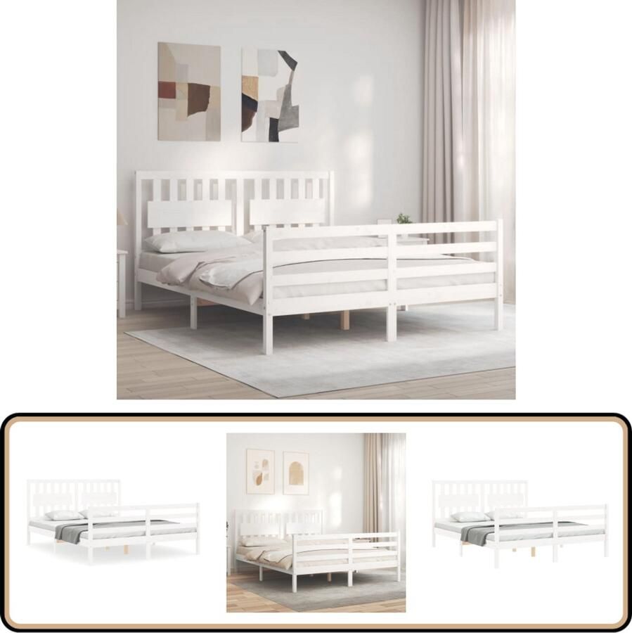 VidaXL Bedframe Massief Grenen Wit 160x200 cm Massief Hout Bed Grenenhouten Bed Tweepersoons Bed Witte Bed Frame Functionele Headboard