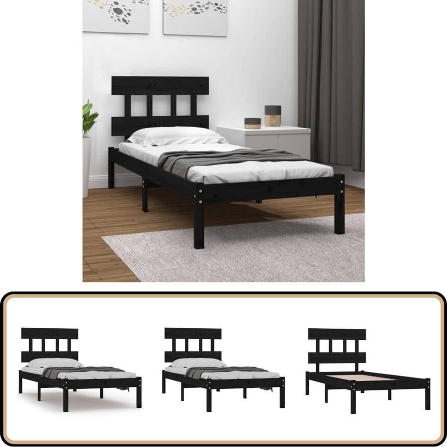 VidaXL Bedframe Massief Grenen Zwart 100x200 cm Houten Bedframe Massief Hout Tweepersoons Bed Zwarte Bedbank Bed Met Hoofdbord