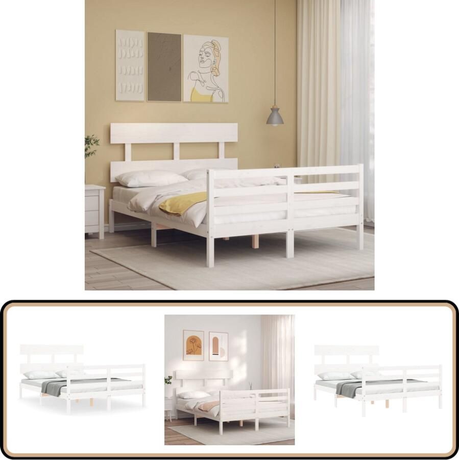 VidaXL Bedframe Met Hoofdbord Wit 120x200 cm Massief Houten Bed Frame Wit Bed Frame Tweepersoons Bed Frame 120x200 Slaapkamer Meubels