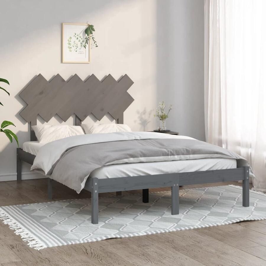 VidaXL Bedframe Massief Grenenhout 135x190 cm Grijs Houten Bed Frame Massief Grenenhout Bed Tweepersoons Bed Grijze Bed Modern Bed