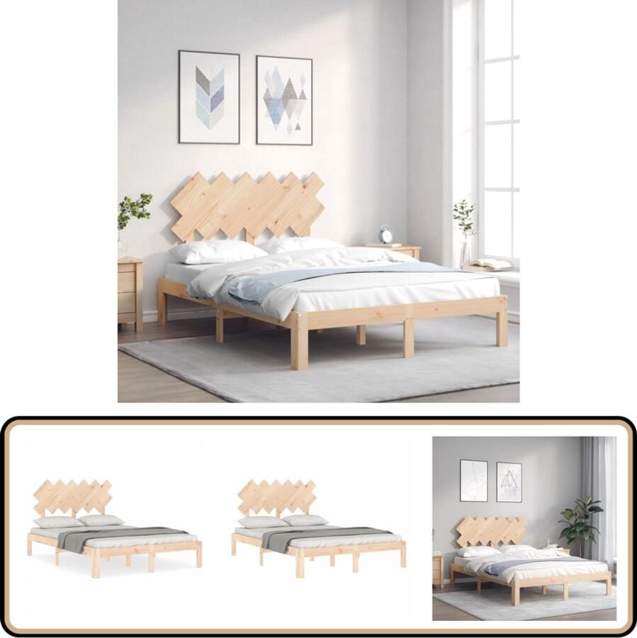 VidaXL Bedframe Massief Grenenhout 135x190 cm Massief Houten Bed Tweepersoons Bed Grenenhouten Bed Frame Hoofdbord Slaapkamer Meubels