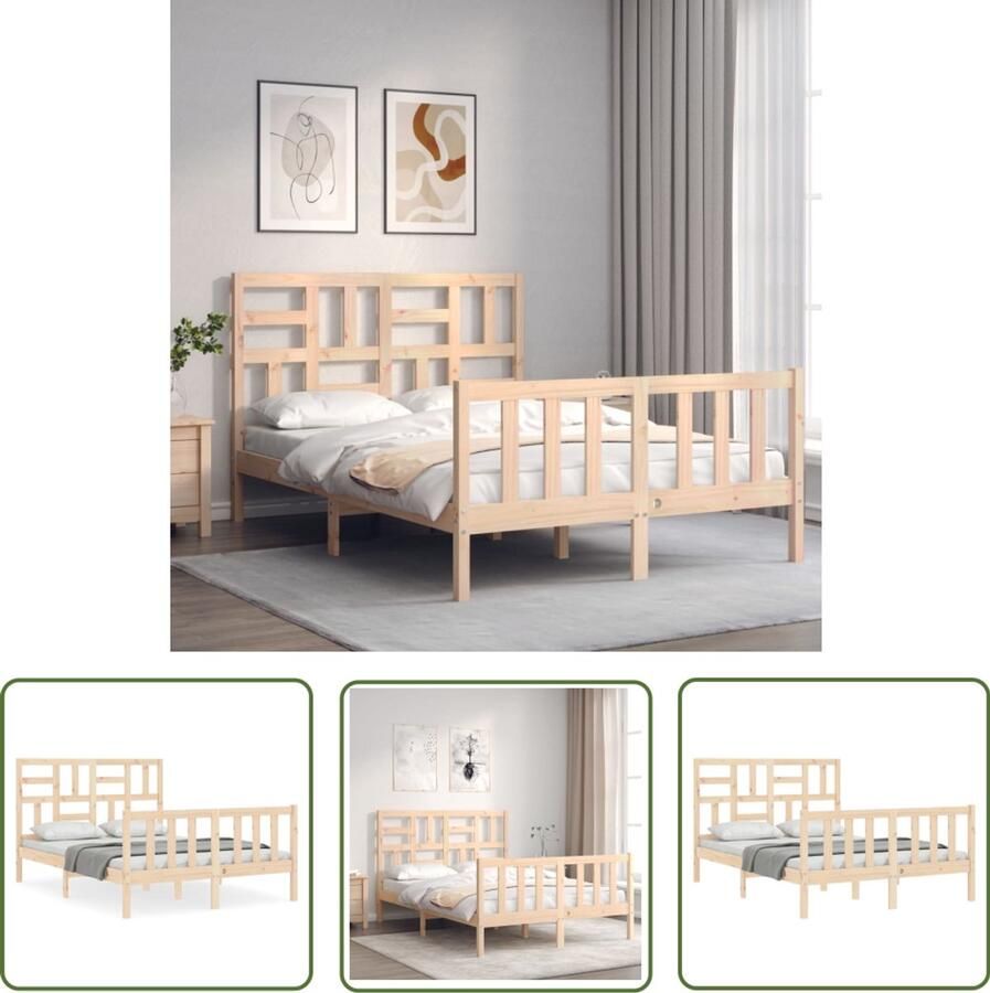 VidaXL Bedframe Massief Grenenhout 140x200 cm Massief Grenenhouten Bed Frame Tweepersoons Bed Hoofd- En Voeteneind Multipex Lattenbodem Bruine Kleur