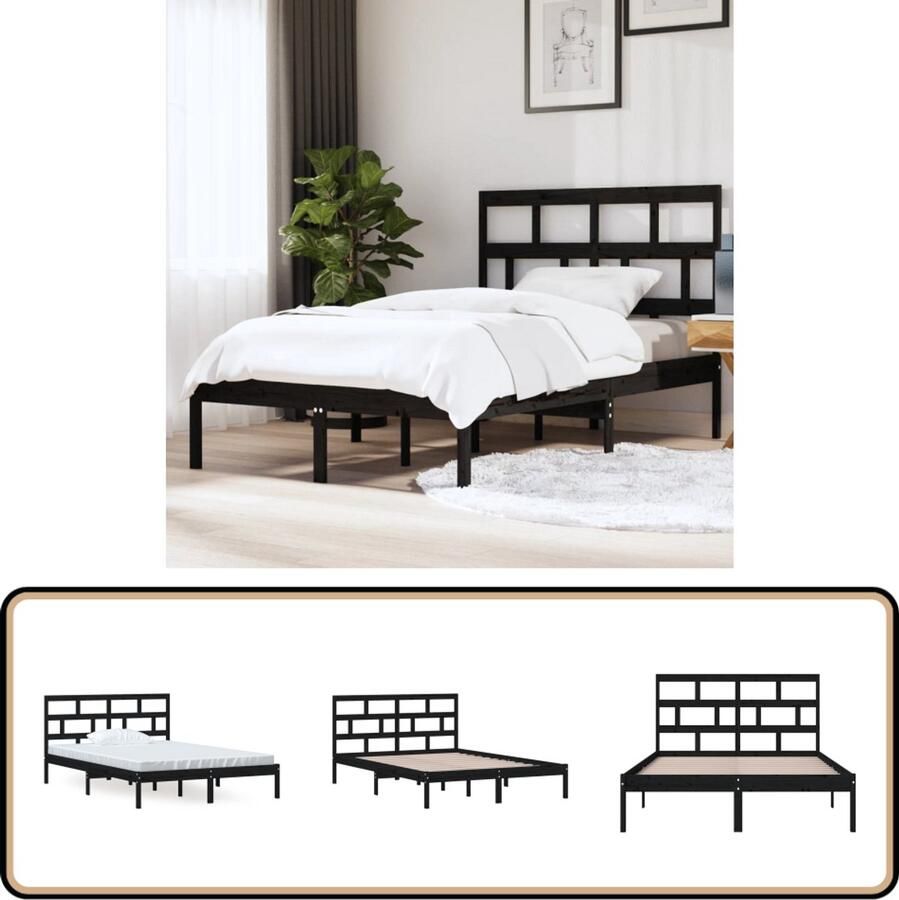 VidaXL Bedframe Massief Grenenhout 140x200 cm Zwart Modern Bed Frame Houten Bedframe Zwarte Bedframe Tweepersoons Bedframe 140x200 Grenenhouten Bedframe