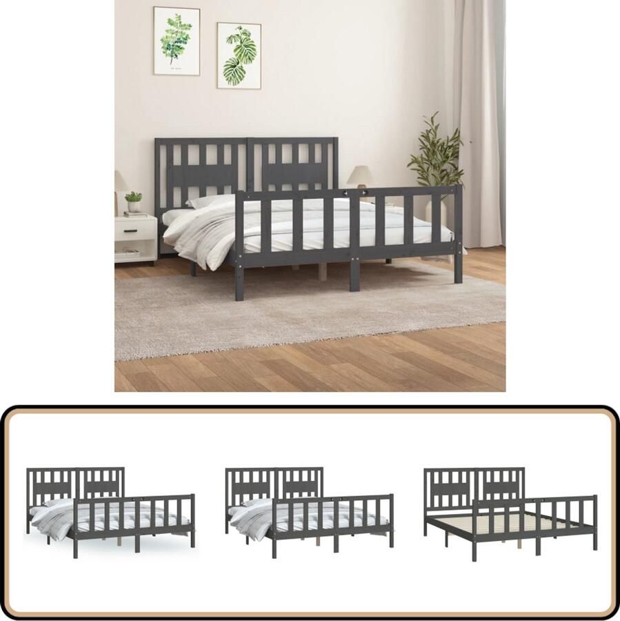 VidaXL Bedframe Massief Grenenhout 150x200 cm Grijs Klassieke Bedframe Houten Bedframe Tweepersoons Bed Met Hoofdbord Grijze Bedframe Grenenhouten Bed