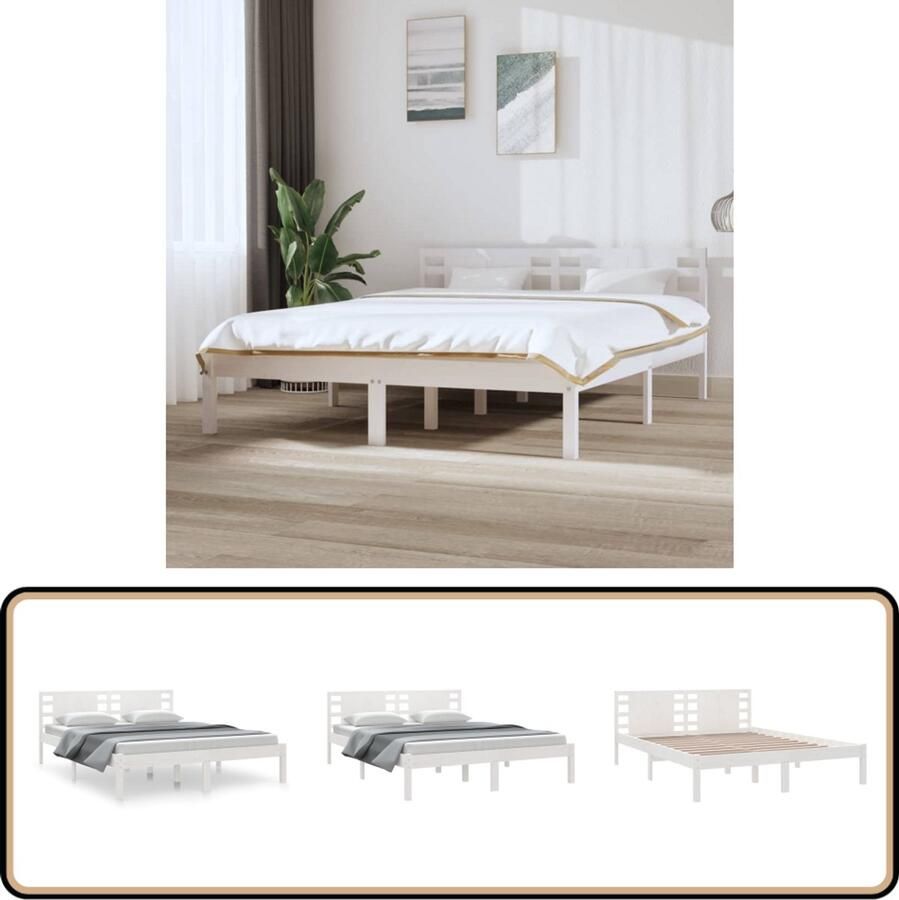The Living Store Bedframe wit Massief grenenhout 205.5 x 156 x 100 cm 150 x 200 cm (5FT King Size) Praktisch hoofdeinde Slaapcomfort Bed Frame King Size Bed Wit Bed Houten Bed