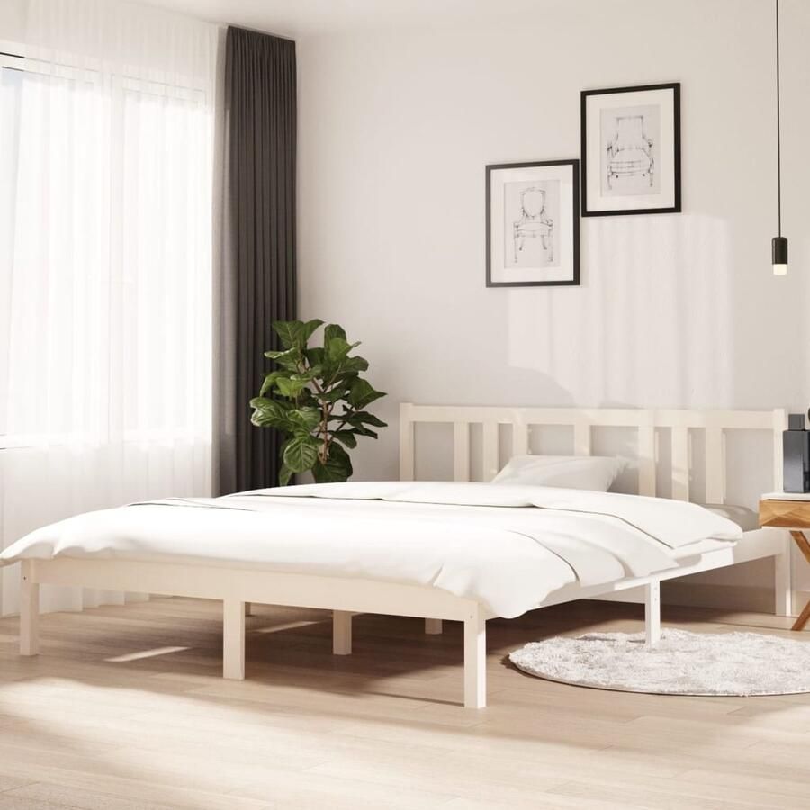 VidaXL Bedframe Massief Grenenhout 150x200 cm Wit Modern Bedframe Houten Bed King Size Bed Tweepersoons Bed Wit Bedframe Met Hoofdbord - Foto 2