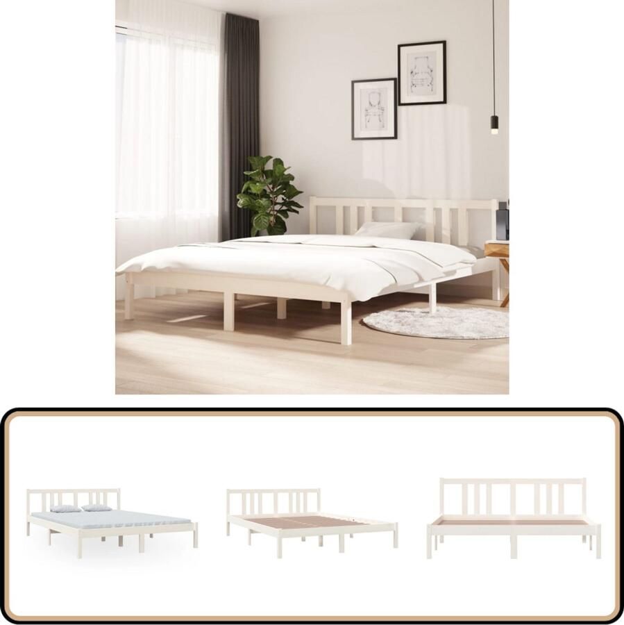 VidaXL Bedframe Massief Grenenhout 150x200 cm Wit Modern Bedframe Houten Bed King Size Bed Tweepersoons Bed Wit Bedframe Met Hoofdbord
