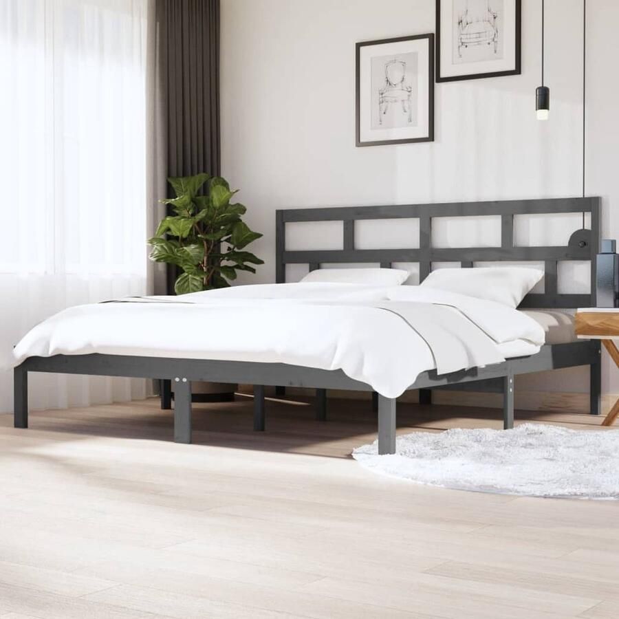 VidaXL Bedframe Massief Grenenhout 200x200 cm Grijs Houten Bed Frame Bed Frame 200x200 Massief Hout Bed Modern Bed Frame Grieze Bed Frame - Foto 2