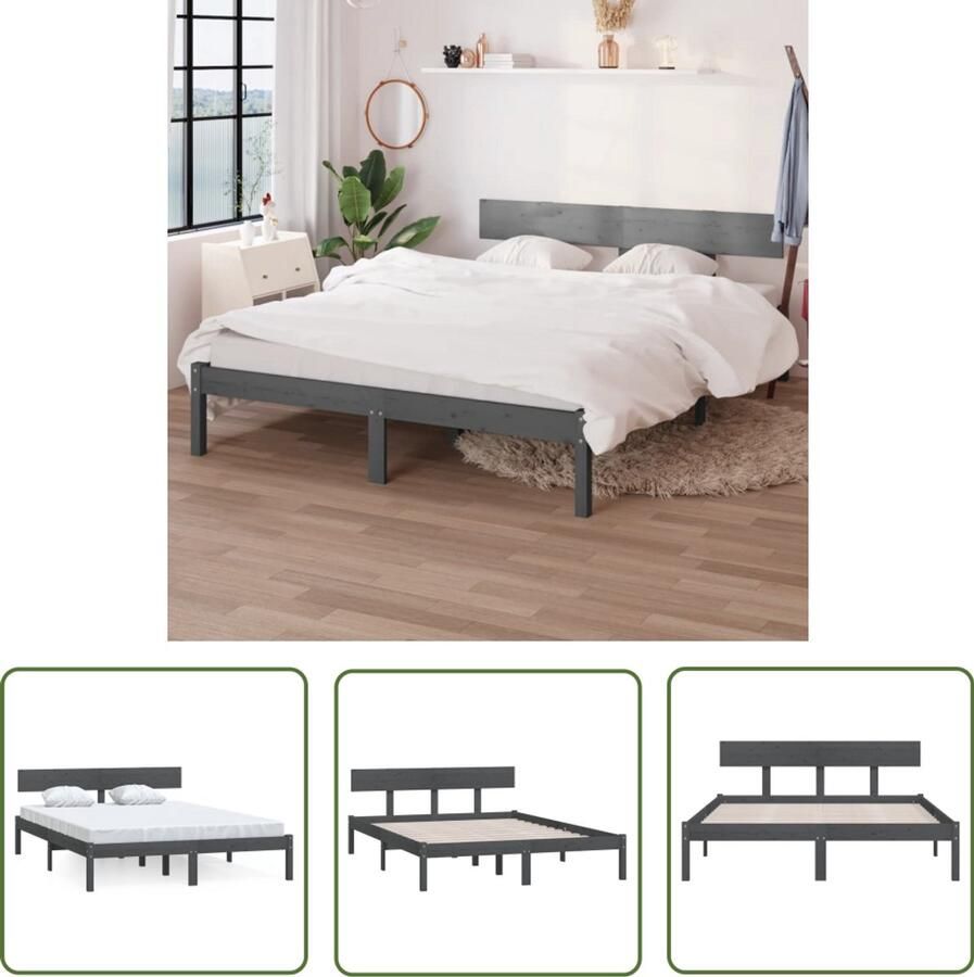 VidaXL Bedframe Massief Grenenhout 200x200 cm Grijs Modern Bed Frame Hout Bed Frame Grenenhout Bed Frame Grijs Bed Frame Tweepersoons Bed Frame King Size Bed Frame Slaapkamers Meubels