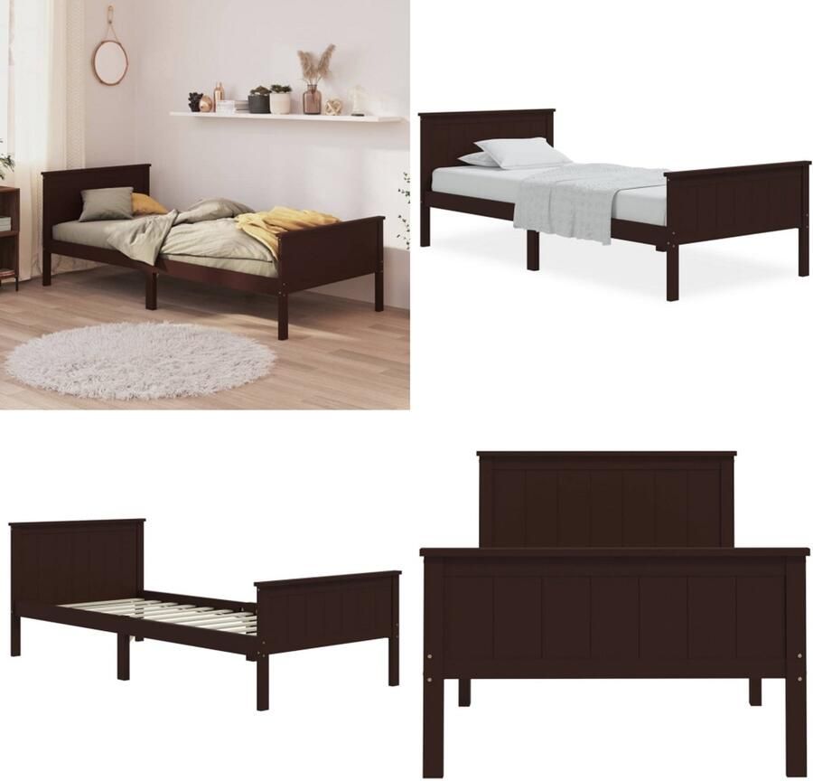 VidaXL Bedframe massief grenenhout donkerbruin 100x200 cm Bedframe Bedframes Houten Bedframe Bed